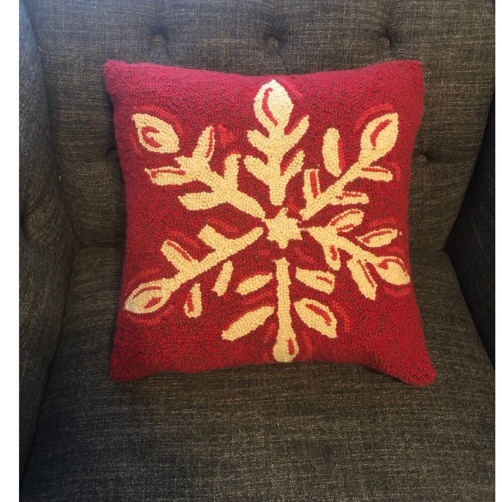Hooked Throw Pillow Red/Cream Christmas Snowflake Velvet Backing